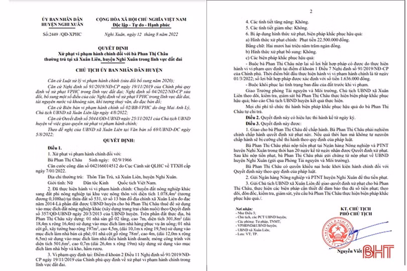 Vi phạm trong lĩnh vực đất đai, một phụ nữ ở Nghi Xuân bị xử phạt 22,5 triệu đồng
