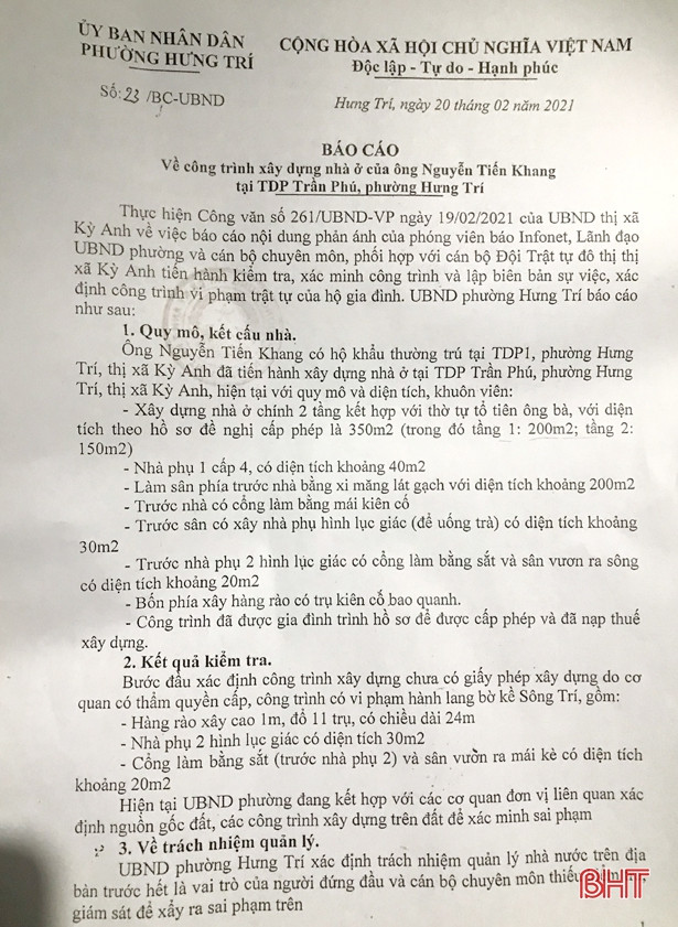 TX Kỳ Anh vào cuộc xử lý công trình xây lấn bờ kè Sông Trí
