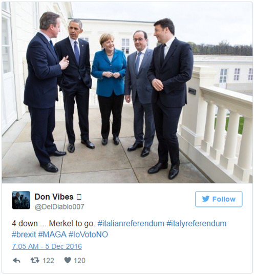 Một tài khoản Twitter bình luận "4 người bị hạ, chỉ còn bà Merkel" về bức ảnh chụp 5 nhà lãnh đạo Mỹ, Đức, Anh, Pháp và Italy. Ảnh: Twitter. buc anh the hien chan dong chinh truong nam 2016