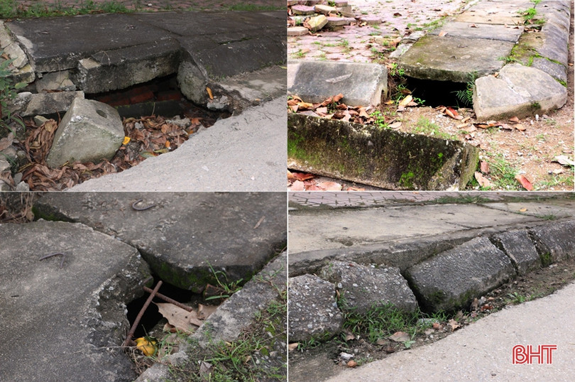 Nắp đậy mương thoát nước ở thị trấn Vũ Quang bị hư hỏng, gây nguy hiểm cho người đi đường 