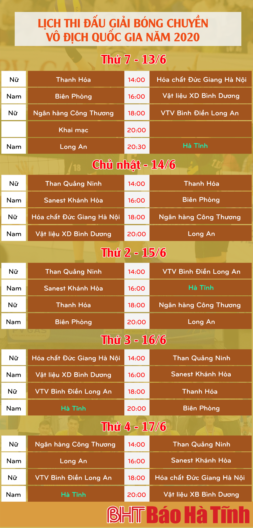 Lịch thi đấu Giải Bóng chuyền vô địch quốc gia 2020 tại Hà Tĩnh