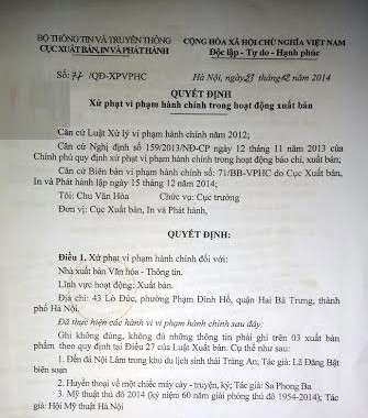 Quyết định xử phạt hành chính Nhà xuất bản Văn hoá - Thông tin.