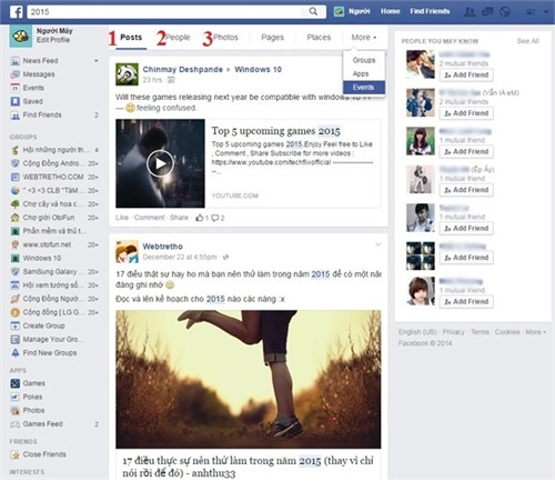 Tìm kiếm Facebook nâng cao: Danh sách kêt quả tìm kiếm sẽ chia thành các mục bài đăng (số 1), người dùng (số 2), ảnh (số 3)… cho bạn lựa chọn. Tìm kiếm Facebook nâng cao: Danh sách kêt quả tìm kiếm sẽ chia thành các mục bài đăng (số 1), người dùng (số 2), ảnh (số 3)… cho bạn lựa chọn.