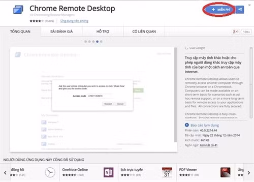 Dùng Chrome Remote Desktop điều khiển máy tính từ xa qua Android: Trên trình duyệt Chrome máy tính, hãy vào trang chủ Chrome Remote Desktop để cài đặt phần mở rộng này cho Chrome. Hãy bấm nút MIỄN PHÍ (khoanh đỏ).