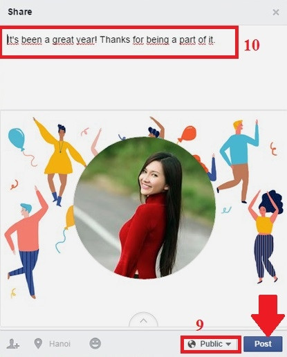 Nhìn lại Facebook 2014 bằng Year in Review: Tùy chỉnh nốt bước cuối, ví dụ như chọn mức độ riêng tư (9), lời dẫn (10), rồi bấm Post (mũi tên) để đăng cuộn ký ức Facebook 2014.