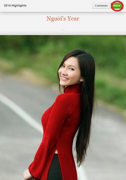 Nhìn lại Facebook 2014 bằng Year in Review: Kiểm tra kỹ lần nữa rồi bấm Share (khoanh đỏ) để chia sẻ cuộn ký ức Facebook 2014 lên dòng thời gian.