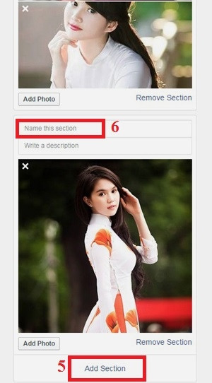 Nhìn lại Facebook 2014 bằng Year in Review: Bạn hoàn toàn có thể thêm cụm ảnh theo chủ đề mình thích bằng cách ấn vào Add Section (5). Đặt tên cụm trên đầu mỗi cụm (6).