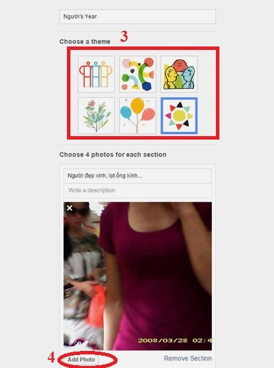Nhìn lại Facebook 2014 bằng Year in Review: Kéo xuống dưới một chút, bạn sẽ được chọn phông hình làm nền (3), hoặc có thể bấm Add Photo (4) để thêm ảnh vào cụm có sẵn.