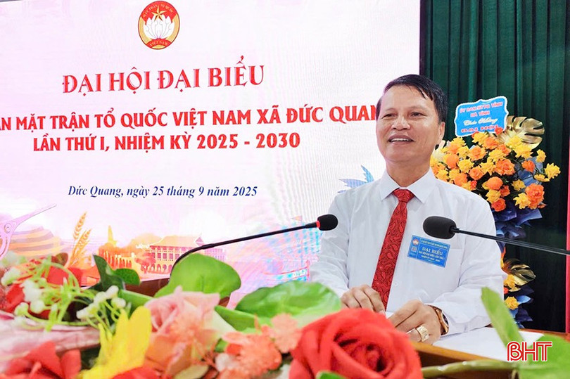 Đồng chí Đặng Giang Trung - Bí thư Đảng ủy, Chủ tịch HĐND xã Đức Quang phát biểu tại đại hội. bqbht_br_a4.jpg