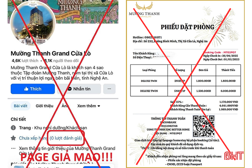 Fanpage và "Phiếu đặt phòng" được các đối tượng giả mạo nhằm chiếm đoạt tiền đặt cọc từ khách hàng. bqbht_br_e1.png
