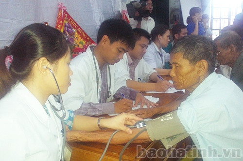 Hội Liên hiệp Thanh niên và Hội thầy thuốc trẻ Hà Tĩnh phối hợp với Công ty TNHH Dược phẩm Nhất Nhất khám chữa bệnh và cấp phát thuốc miễn phí cho người cao tuổi xã Cổ Đạm (Nghi Xuân).