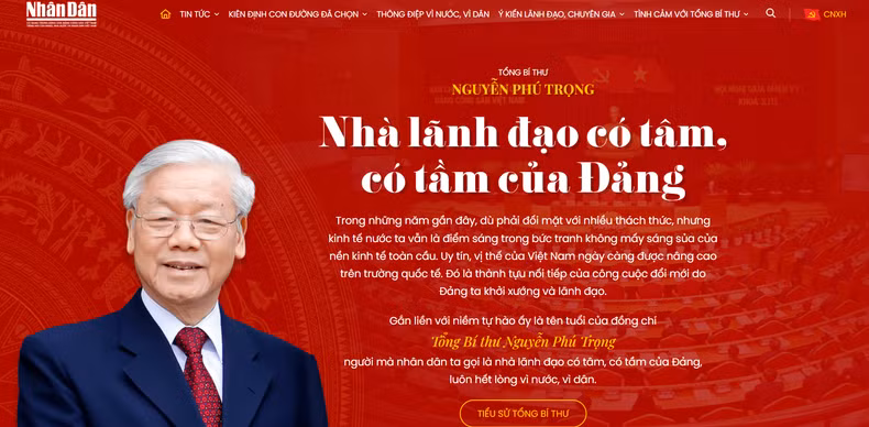 Giao diện trang chủ của Trang thông tin đặc biệt Tổng Bí thư Nguyễn Phú Trọng - Nhà lãnh đạo có tâm, có tầm của Đảng.