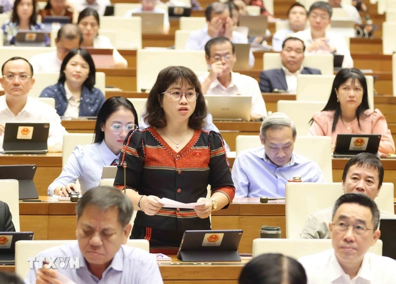 Đại biểu Quốc hội tỉnh Đắk Nông Nguyễn Thị Kiều đặt câu hỏi chất vấn. (Ảnh: Phương Hoa/TTXVN)