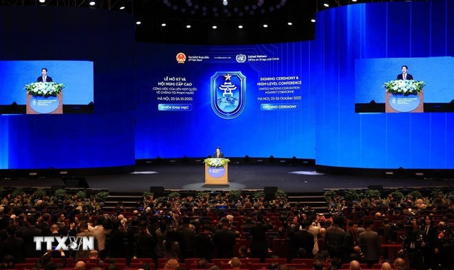 Chủ tịch nước Lương Cường phát biểu khai mạc Lễ mở ký và Hội nghị cấp cao Công ước của Liên hợp quốc về chống tội phạm mạng. (Ảnh: Tuấn Anh/TTXVN)