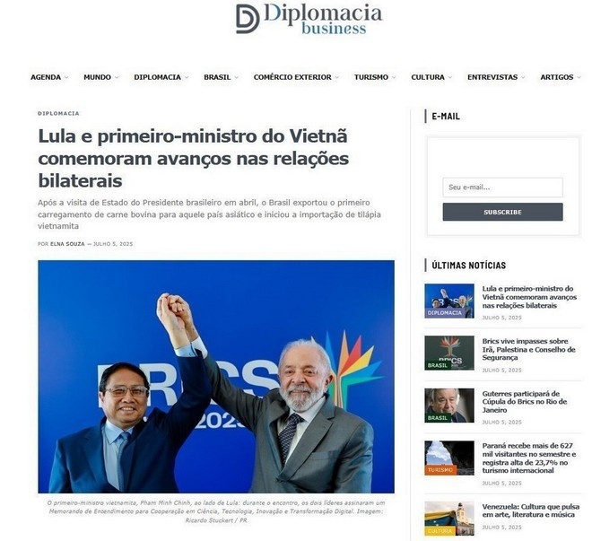 Tờ diplomaciabusiness đưa tin buổi hội đàm giữa Thủ tướng Phạm Minh Chính và Tổng thống Lula da Silva. (Ảnh chụp màn hình/TTXVN)