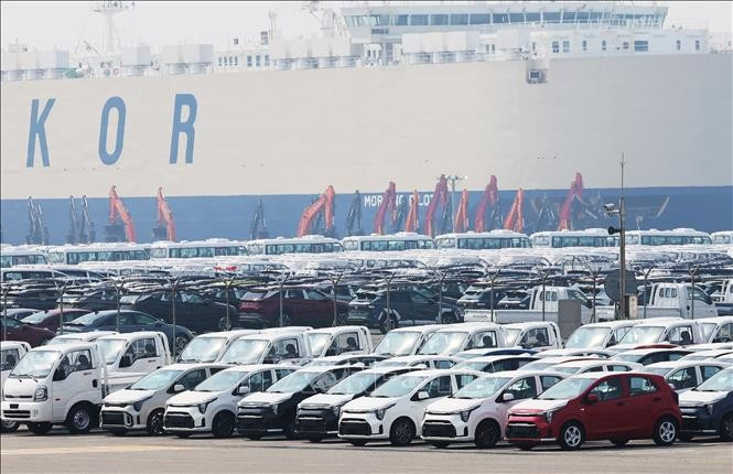 Xe ô tô xuất khẩu tại cảng Pyeongtaek, Hàn Quốc ngày 2/4/2025. Ảnh: YONHAP/TTXVN