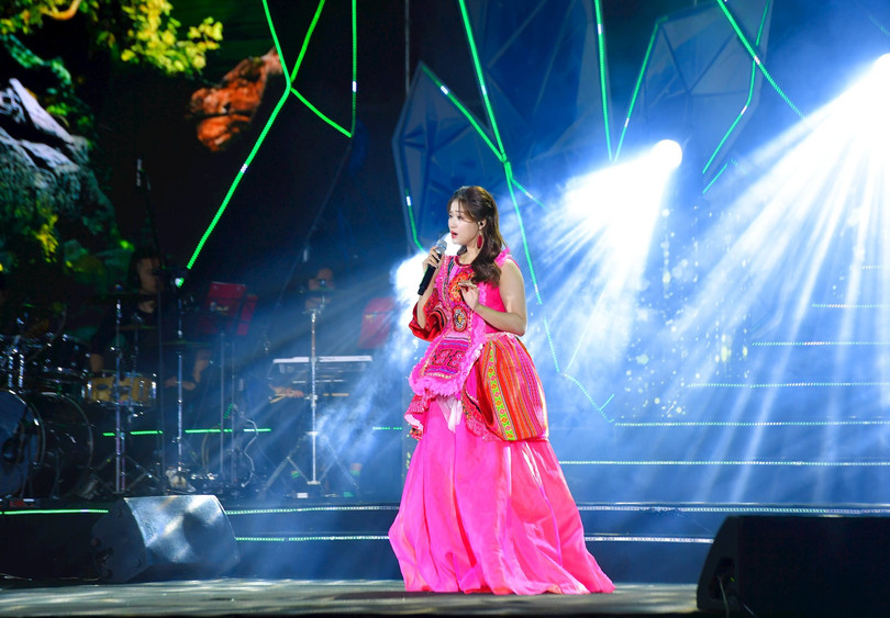 Thí sinh Vũ Minh Thư trình diễn ca khúc &quot;Cánh chim báo tin vui&quot; tại đêm chung kết. Ảnh: Đình Tuyên/BNA