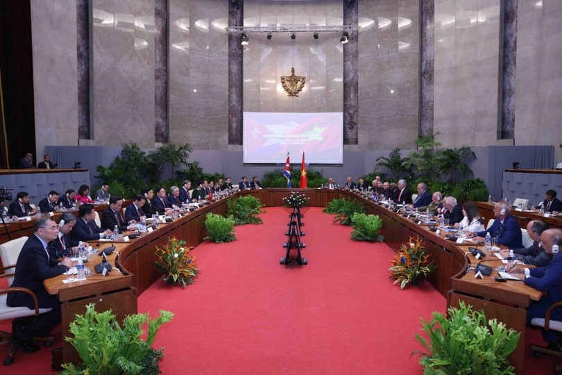 Tổng Bí thư, Chủ tịch nước Tô Lâm hội đàm với Bí thư thứ nhất Đảng Cộng sản Cuba, Chủ tịch Cuba Miguel Diaz Canel Bermudez. (Ảnh: Lâm Khánh/TTXVN) Tổng Bí thư, Chủ tịch nước Tô Lâm hội đàm với Bí thư thứ nhất Đảng Cộng sản Cuba, Chủ tịch Cuba Miguel Diaz Canel Bermudez. (Ảnh: Lâm Khánh/TTXVN)
