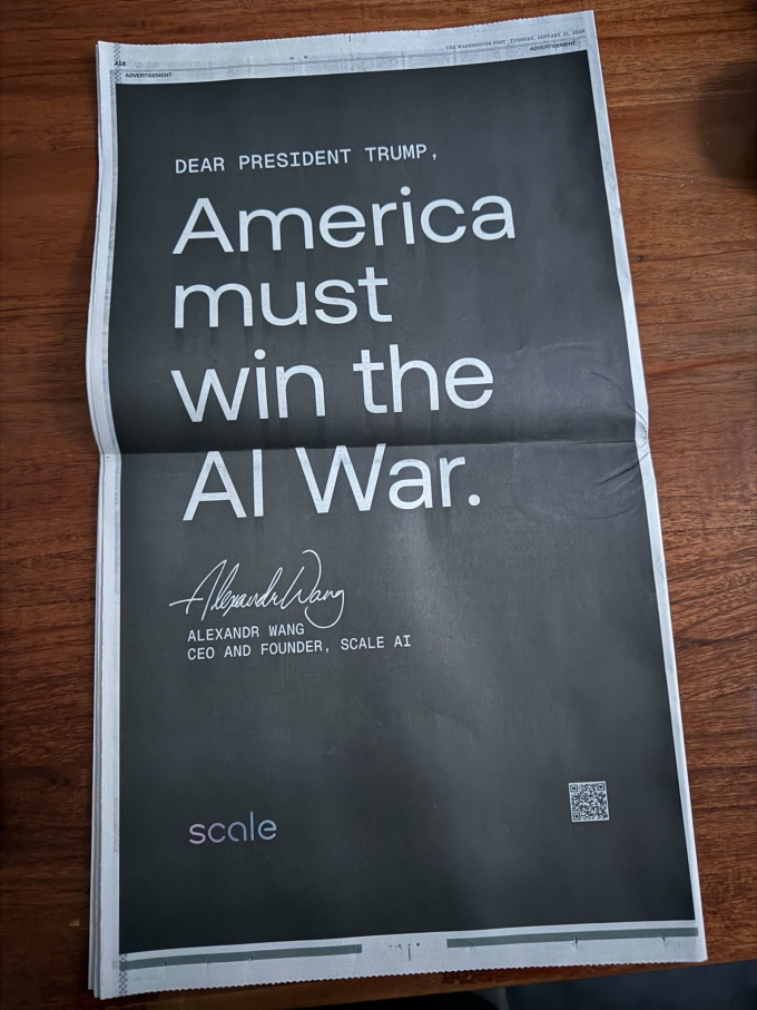 Quảng cáo của Scale AI trên Washington Post. Ảnh: X/Alexandr Wang Quảng cáo của Scale AI trên Washington Post. Ảnh: X/Alexandr Wang