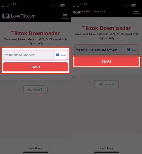 Dán liên kết vừa sao chép vào ô nhập trên trang chủ của LoveTik