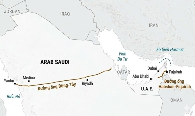 Vị trí đường ống Đông - Tây và đường ống Habshan-Fujairah. Đồ họa: WSJ