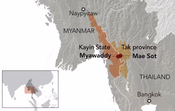 Vị trí thị trấn Myawaddy, bang Kayin, Myanmar, và quận Mae Sot, tỉnh Tak, Thái Lan. Theo Nikkei