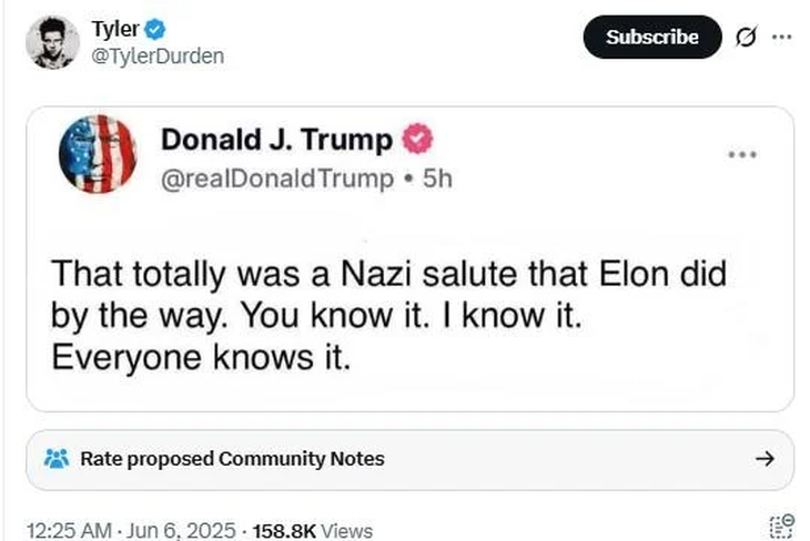 Ảnh chụp màn hình bài đăng của ông Trump cho rằng ông Musk chào kiểu Đức Quốc xã do tài khoản @TylerDurden chia sẻ trên X - Ảnh: LEAD STORIES Ảnh chụp màn hình bài đăng của ông Trump cho rằng ông Musk chào kiểu Đức Quốc xã do tài khoản @TylerDurden chia sẻ trên X - Ảnh: LEAD STORIES
