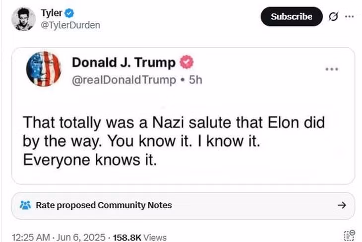 Ảnh chụp màn hình bài đăng của ông Trump cho rằng ông Musk chào kiểu Đức Quốc xã do tài khoản @TylerDurden chia sẻ trên X - Ảnh: LEAD STORIES