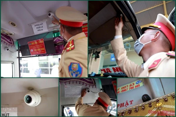 CSGT kiểm tra hệ thống camera giám sát hành trình đối với phương tiện vận tải hành khách.