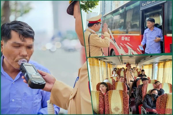 CSGT kiểm tra nồng độ cồn đối với tài xế điều khiển phương tiện vận tải hành khách.