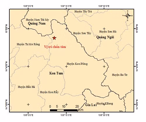 Vị trí xảy ra động đất liên tiếp ở Kon Tum.