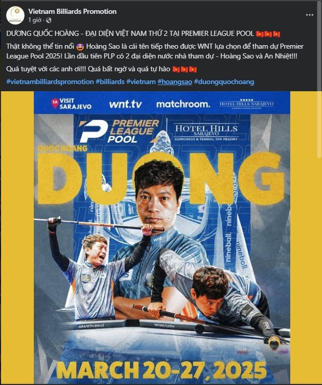 Dương Quốc Hoàng sẽ là đại diện thứ 2 của Việt Nam tham dự giải Premier League Pool 2025