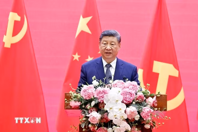 Tổng Bí thư, Chủ tịch nước Trung Quốc Tập Cận Bình phát biểu tại Liên hoan giao lưu hữu nghị nhân dân Việt Nam-Trung Quốc. (Ảnh: Thống Nhất/TTXVN)