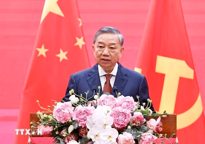 Tổng Bí thư Tô Lâm phát biểu tại Liên hoan giao lưu hữu nghị nhân dân Việt Nam-Trung Quốc. (Ảnh: Thống Nhất/TTXVN)