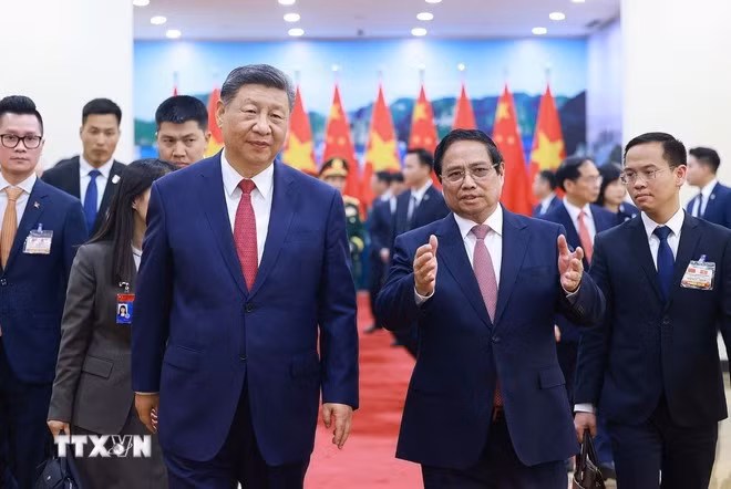 Thủ tướng Phạm Minh Chính hội kiến Tổng Bí thư, Chủ tịch nước Trung Quốc Tập Cận Bình. (Ảnh: Dương Giang/TTXVN)