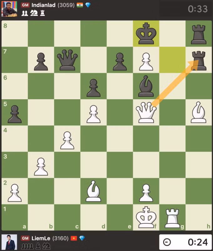 Thế cờ sau nước 38... Kf8. Quang Liêm cầm quân trắng, quyết định thí hậu vào xe h7.