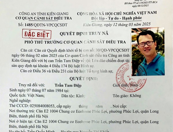 Quyết định truy nã đối với Trần Tam Điệp. Quyết định truy nã đối với Trần Tam Điệp.
