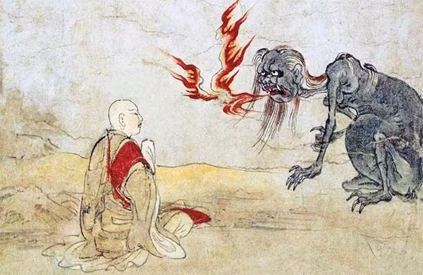 Tranh vẽ tôn giả A Nan Đà gặp quỷ diệm khẩu. Nguồn: vtcnews.