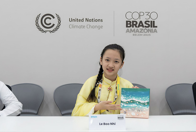 Em Lê Bảo Nhi (11 tuổi, TP Hồ Chí Minh) trở thành thiếu nhi Việt Nam đầu tiên phát biểu tại COP30. Ảnh BTC