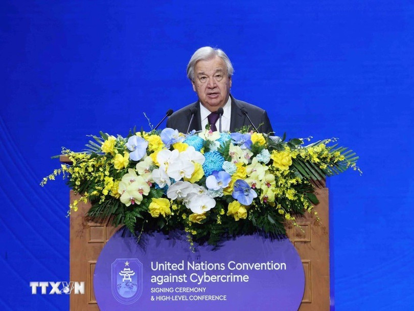 Tổng Thư ký Liên hợp quốc António Guterres phát biểu tại Phiên khai mạc cấp cao Lễ mở ký Công ước Hà Nội. (Ảnh: TTXVN) ttxvn-khai-mac-trong-the-le-mo-k.jpg