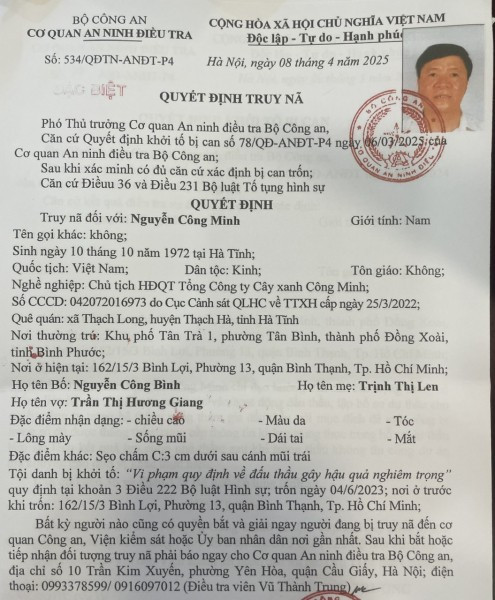 Quyết định truy nã đối tượng Nguyễn Công Minh.