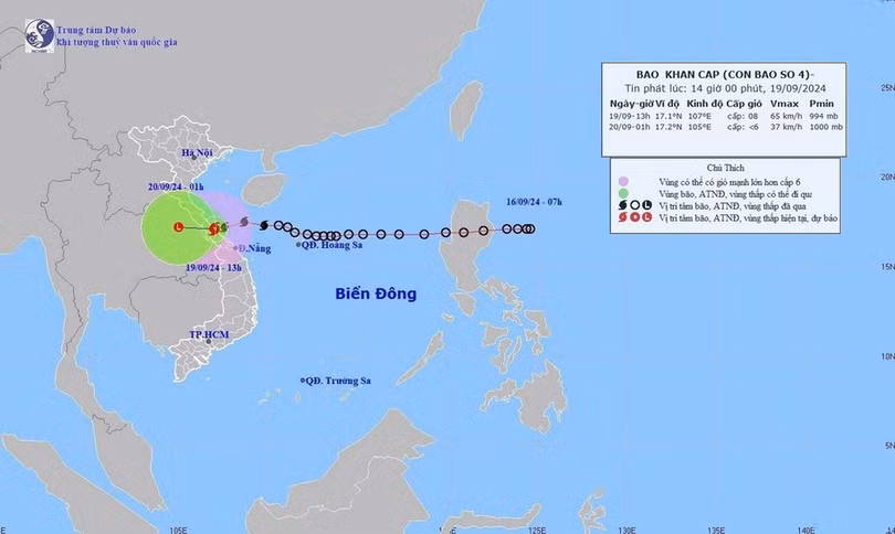 Đường đi của bão số 4 trước khi suy yếu thành ATNĐ lúc 14 giờ ngày 19/9/2024.