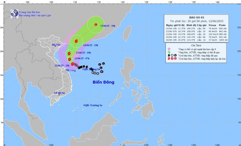 Vị trí và hướng di chuyển của bão số 1 lúc 20h ngày 12/6/2025. bao-so-1.jpg