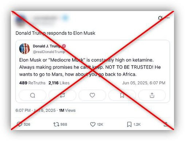 Ảnh chụp màn hình bài đăng cáo buộc "ông Elon Musk phê ketamine" của Tổng thống Mỹ Donald Trump được lan truyền trên mạng xã hội, đạt hơn 1 triệu lượt xem và hàng chục ngàn lượt tương tác - Ảnh: AFP Ảnh chụp màn hình bài đăng cáo buộc "ông Elon Musk phê ketamine" của Tổng thống Mỹ Donald Trump được lan truyền trên mạng xã hội, đạt hơn 1 triệu lượt xem và hàng chục ngàn lượt tương tác - Ảnh: AFP