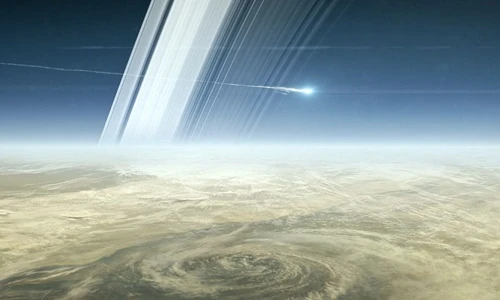 Tàu vũ trụ Cassini lao xuống khí quyển sao Thổ tự sát. Ảnh: AWN. hiem hoa khi rac vu tru quay lai tan pha trai dat