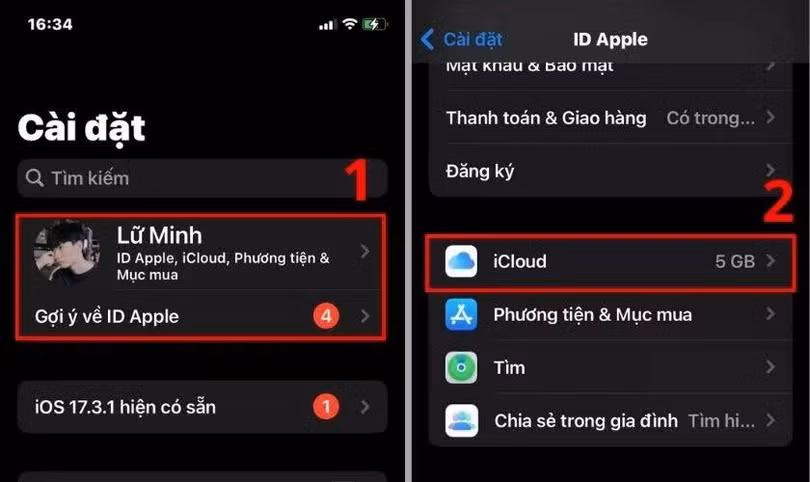 Nhấn vào ID Apple → chọn iCloud.