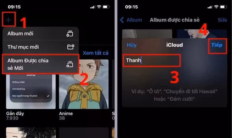 Nhấn dấu + ở góc trên màn hình, đặt tên album và chọn Tiếp.