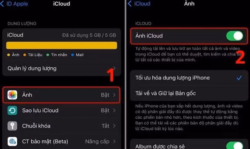 Chọn mục Ảnh và bật Ảnh iCloud để ảnh tự động đồng bộ sang iPhone mới.
