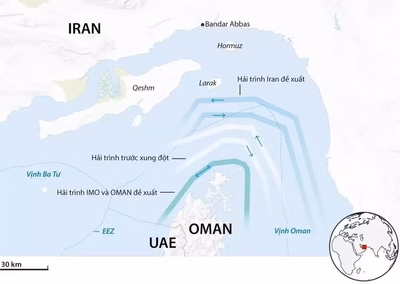 Các hải trình đi qua eo biển Hormuz do Iran công bố. Đồ họa: Guardian