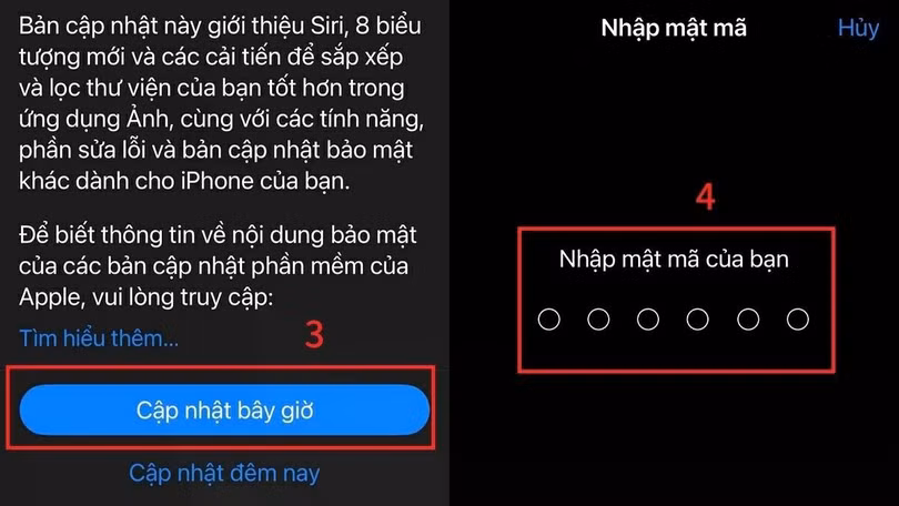 Chọn Cập nhật bây giờ, sau đó nhập mật mã iPhone.